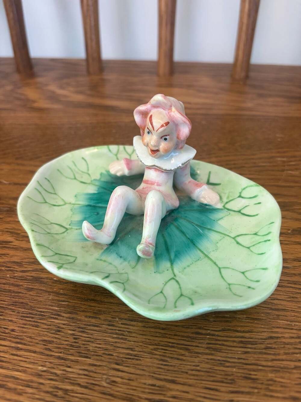 Vintage Occupied Japan Ceramic Pixie Elf on Leaf Trinket Dish